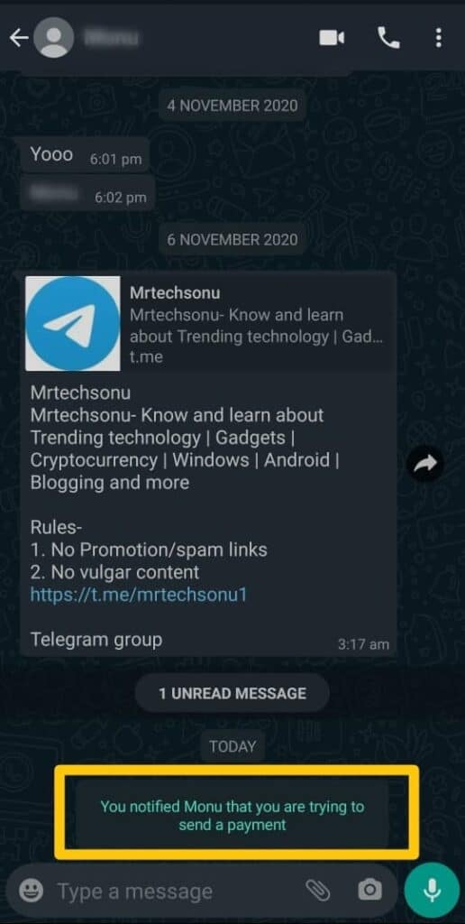 Send whatsapp payment feature notification by clicking notify button