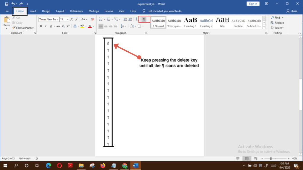 delete a blank page in  Word step 1