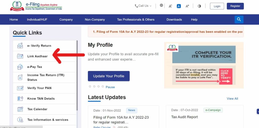Through e-filing website link aadhaar with pan