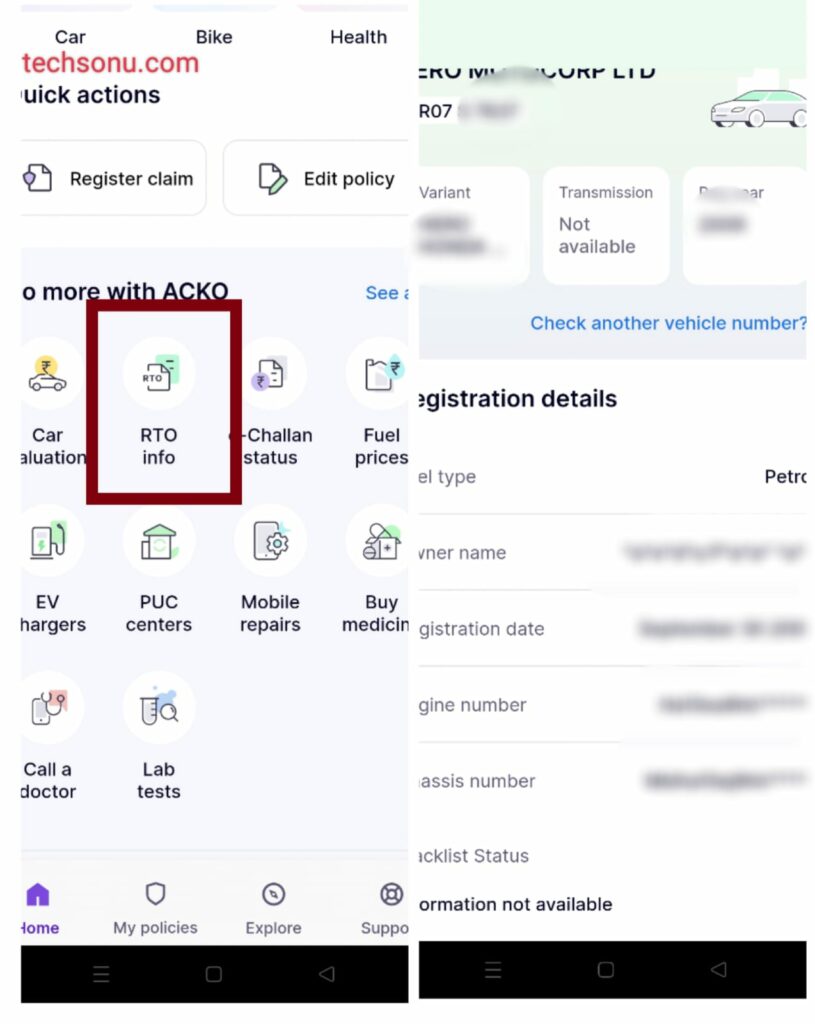 Using the Acko app to check Vehicle registration details