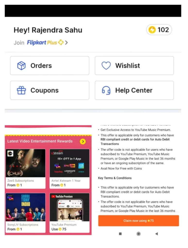 Free Youtube Premium using Flipkart coins