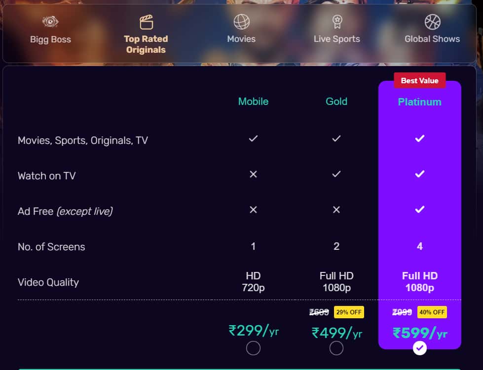 Subscription plans for Voot select