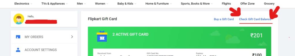 Check the balance of the Flipkart Gift cards