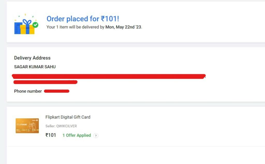 Flipkart Gift Cards Ordered by Techsonu