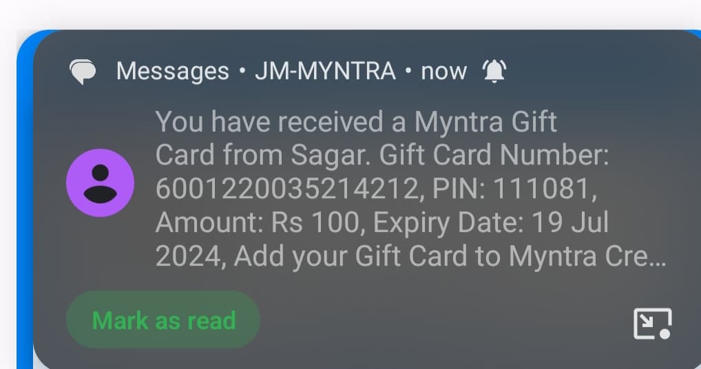 Proofs of Free Myntra Gift Cards
