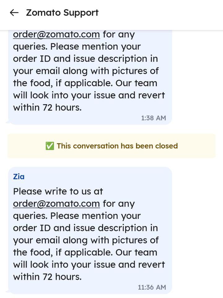 Contact Zomato Customer Care via Email