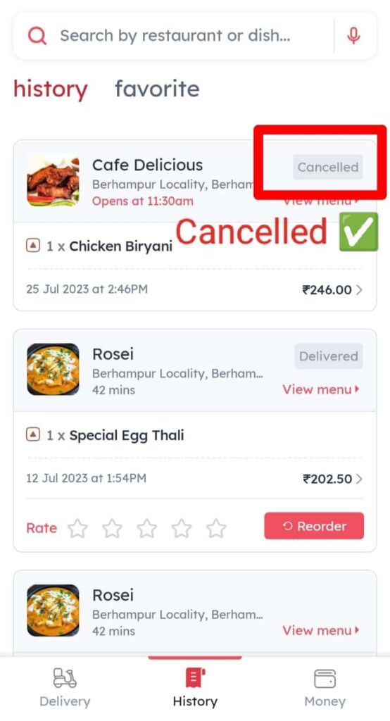 Zomato order cancelled successfully online.