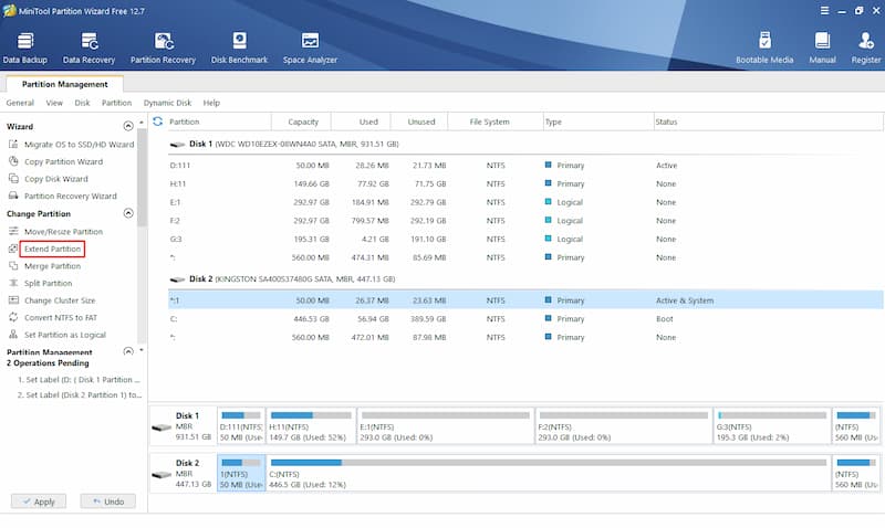 Extending a Partition with MiniTool Partition Wizard