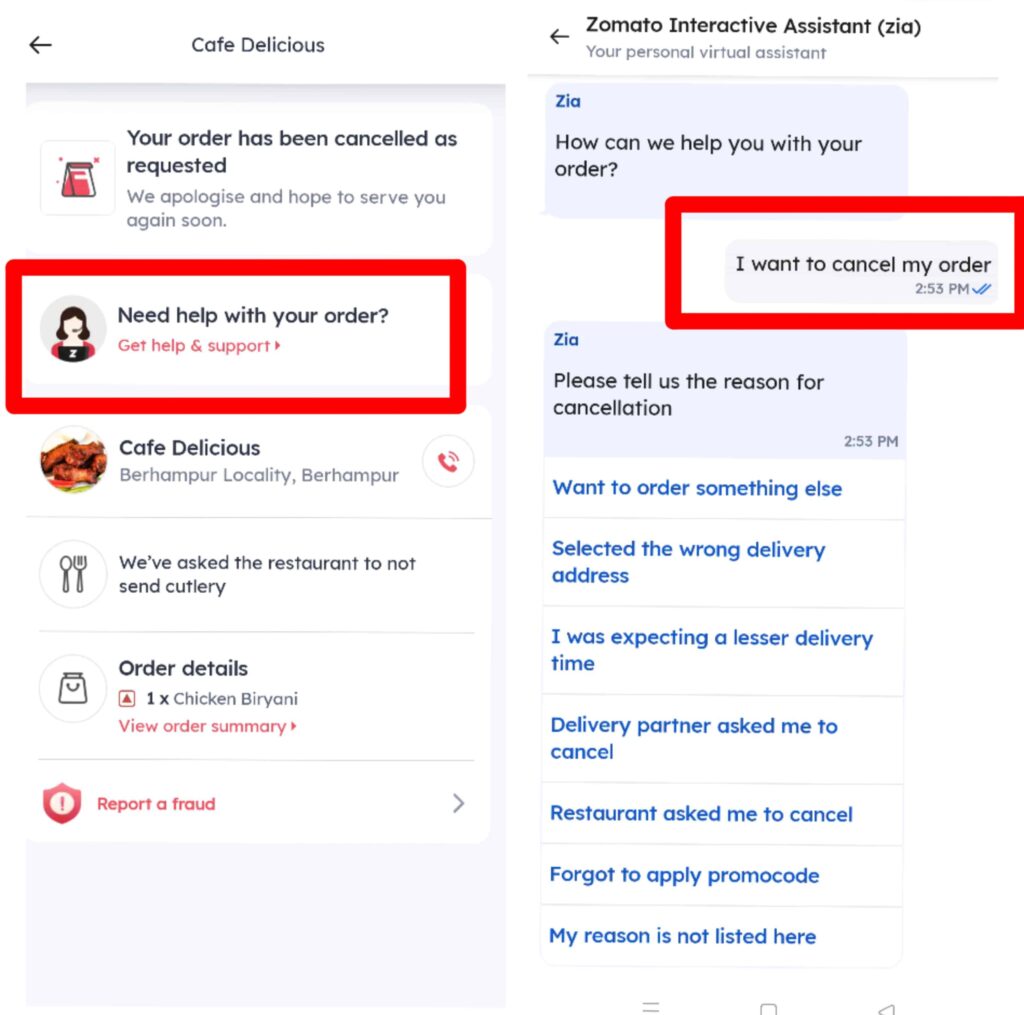 Steps to cancel zomato order