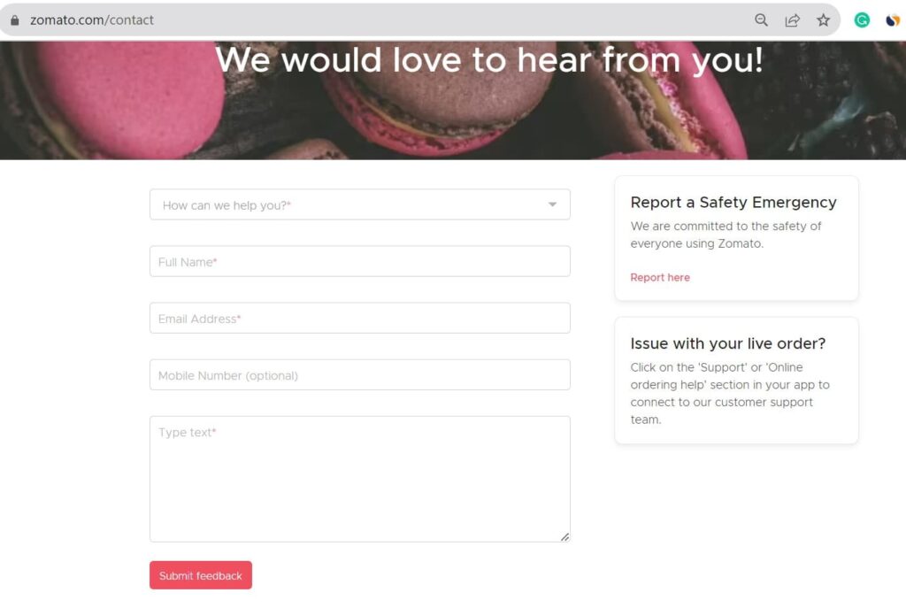 Contact Zomato Customer Care using Website