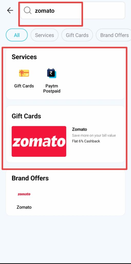 Search Zomato on Paytm