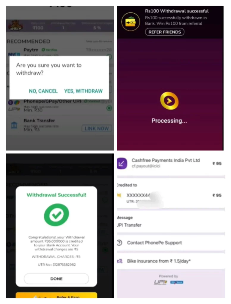Payment proof of Winzo using referral code