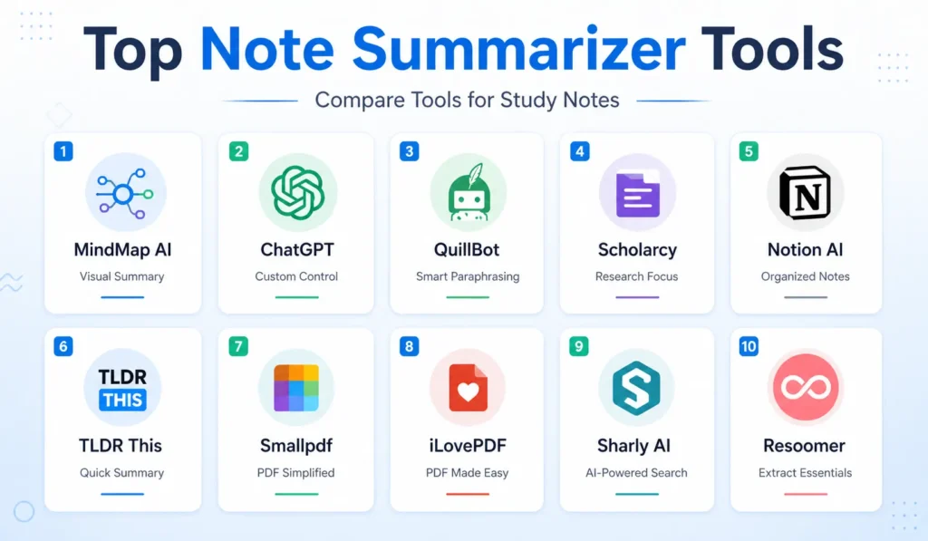 Top 10 Note Summarizer Tools for Long Study Material and PDFs