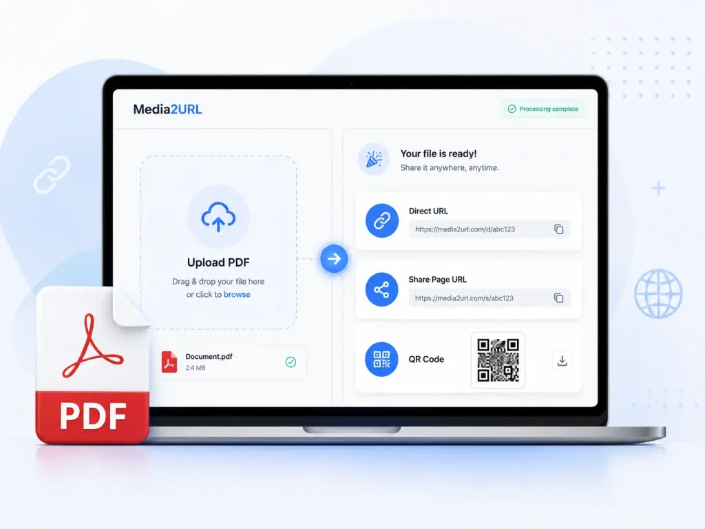Media2URL PDF upload showing direct PDF URL, share page URL and QR code options