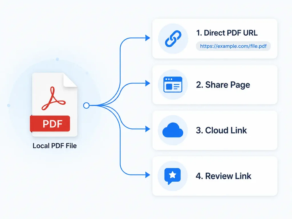 Different PDF hosting link types including direct PDF URL, share page, cloud link and review link