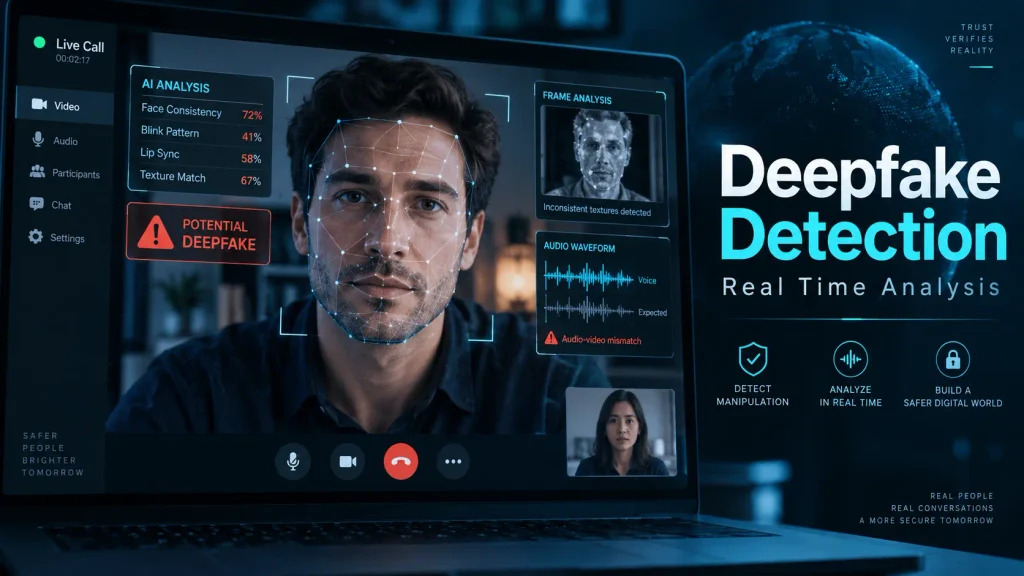 Deepfake detection software analyzing a live video call with facial scanning, audio waveform, and manipulation warning indicators