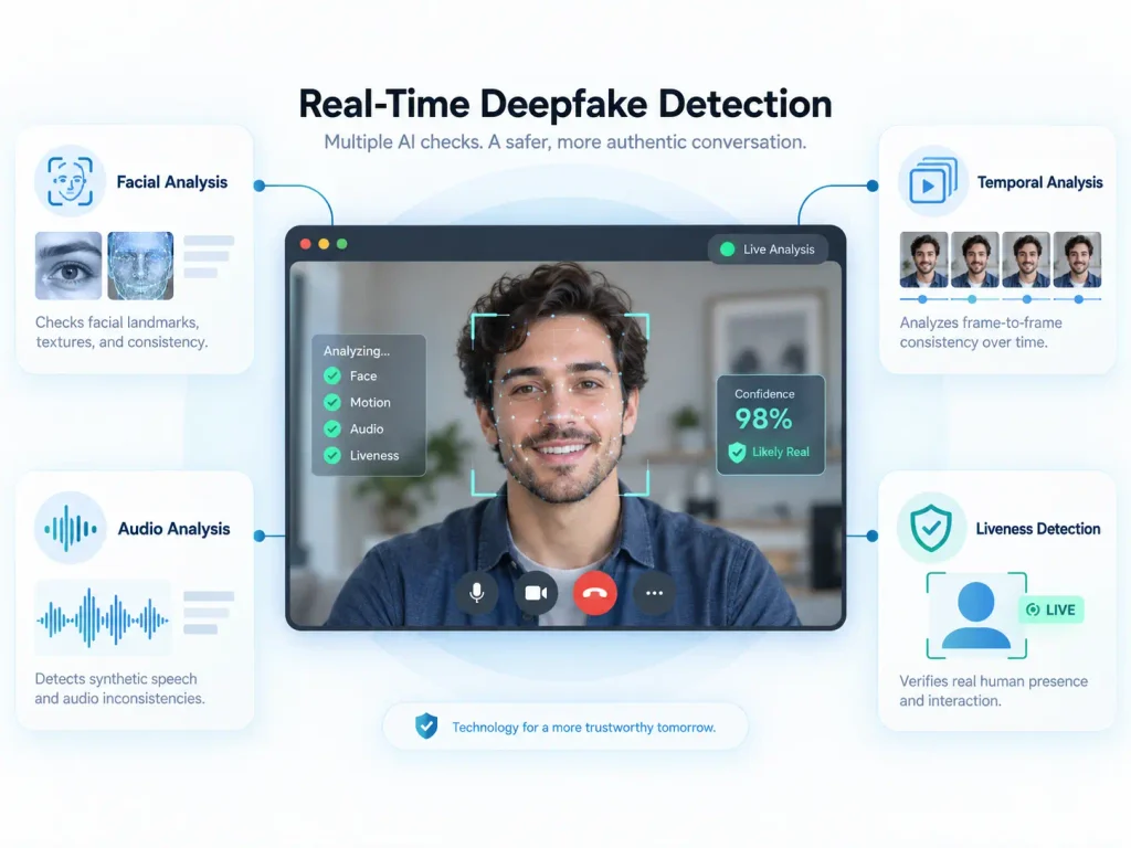 Infographic showing facial analysis, temporal analysis, audio analysis, and liveness detection during a live video call